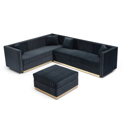 Contemporary Vertical Channel Tufted Velvet Sectional Sofa For Living Room Apartment With Ottoman And 4 Pillows - Black