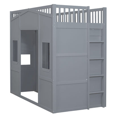 Twin Size House Loft Bed With Ladder And Wardrobe - Gray
