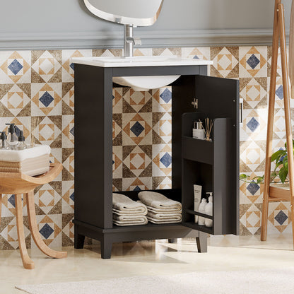 Modern Small Bathroom Vanity Cabinet With Ceramic Basin, Ample Storage, 1 Soft Close Door - Black