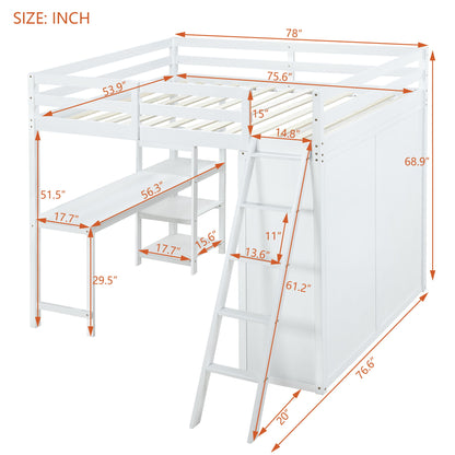 Full Size Loft Bed With Wardrobe And Desk And Shelves - White