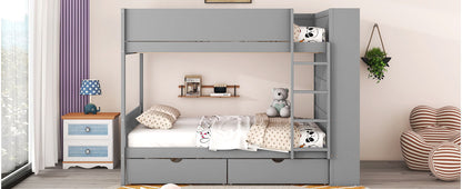 Full Over Full Bunk Bed With 2 Drawers And Multi-Layer Cabinet - Gray