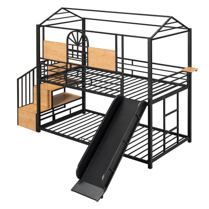 Twin Over Twin Bunk Bed, Housebed With Slide And Storage Stair - Black
