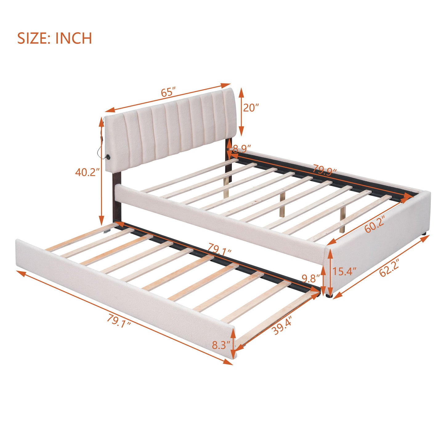 Queen Size Upholstered Platform Bed With Twin Long Trundle - Beige