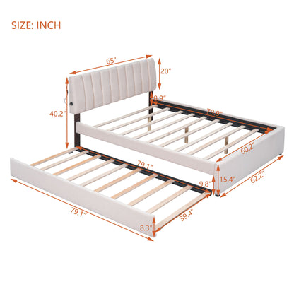 Queen Size Upholstered Platform Bed With Twin Long Trundle - Beige