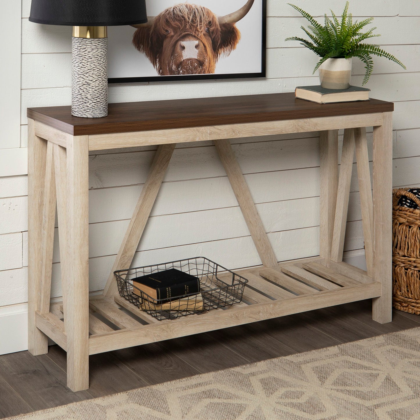 Farmhouse A Frame Entry Table With Lower Shelf - Dark Walnut / White Oak