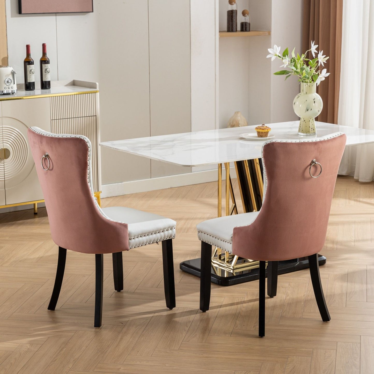 Nikki - Modern, High-End Tufted Solid Wood Contemporary And Velvet Upholstered Dining Chair With Wood Legs Nailhead Trim (Set of 2) - White / Pink