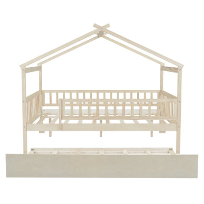 Full Size House Bed With Twin Size Trundle - Natural