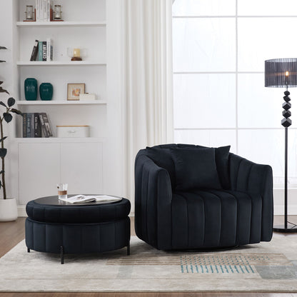 Oversized Swivel Barrel Accent Chair And Ottoman Set With Storage - Black