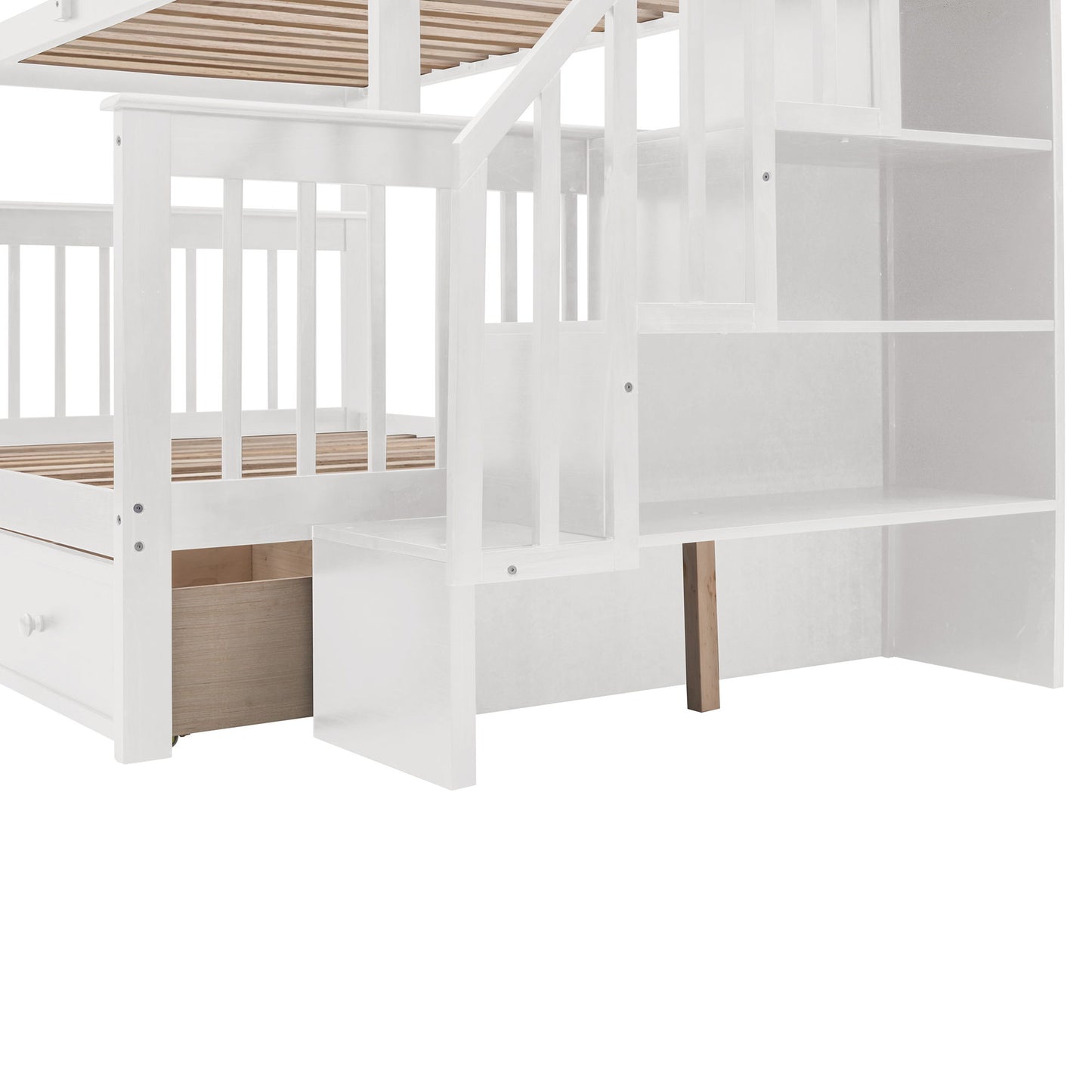Twin Over Full Stairway Bunk Bed With Drawer, Storage And Guard Rail For Bedroom - White