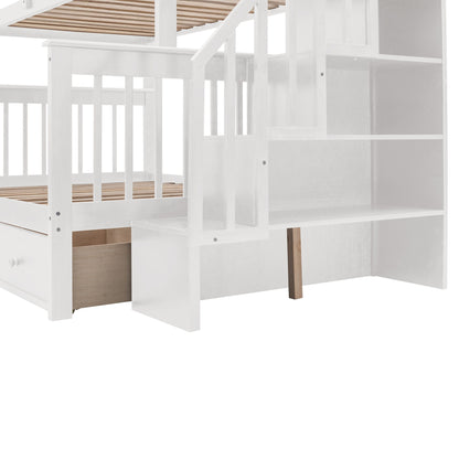 Twin Over Full Stairway Bunk Bed With Drawer, Storage And Guard Rail For Bedroom - White