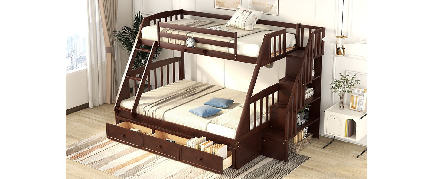 Twin Over Full Bunk Bed With Drawers, Ladder And Storage Staircase - Espresso