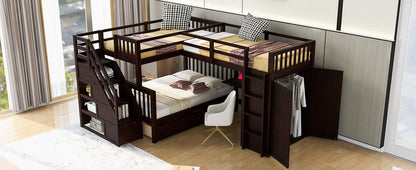 Twin Twin Over Full L Shaped Bunk Bed With 3 Drawers, Portable Desk And Wardrobe - Espresso