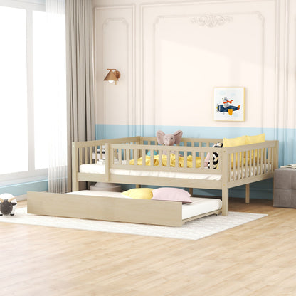 Full Size Daybed With Trundle And Fence Guardrails - Natural