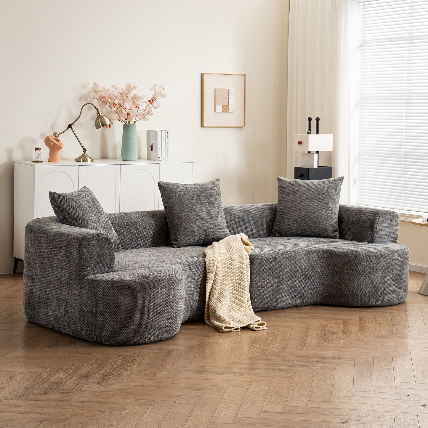 Modern Style Curved Sofa, Soft Cushioned Corduroy Sofa With 3 Pillows, Living Room Super Smooth Curved Fabric Sofa - Gray