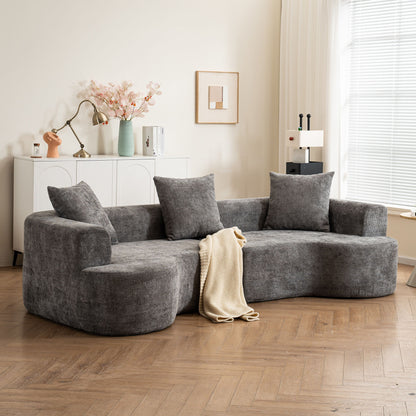 Modern Style Curved Sofa, Soft Cushioned Corduroy Sofa With 3 Pillows, Living Room Super Smooth Curved Fabric Sofa - Gray