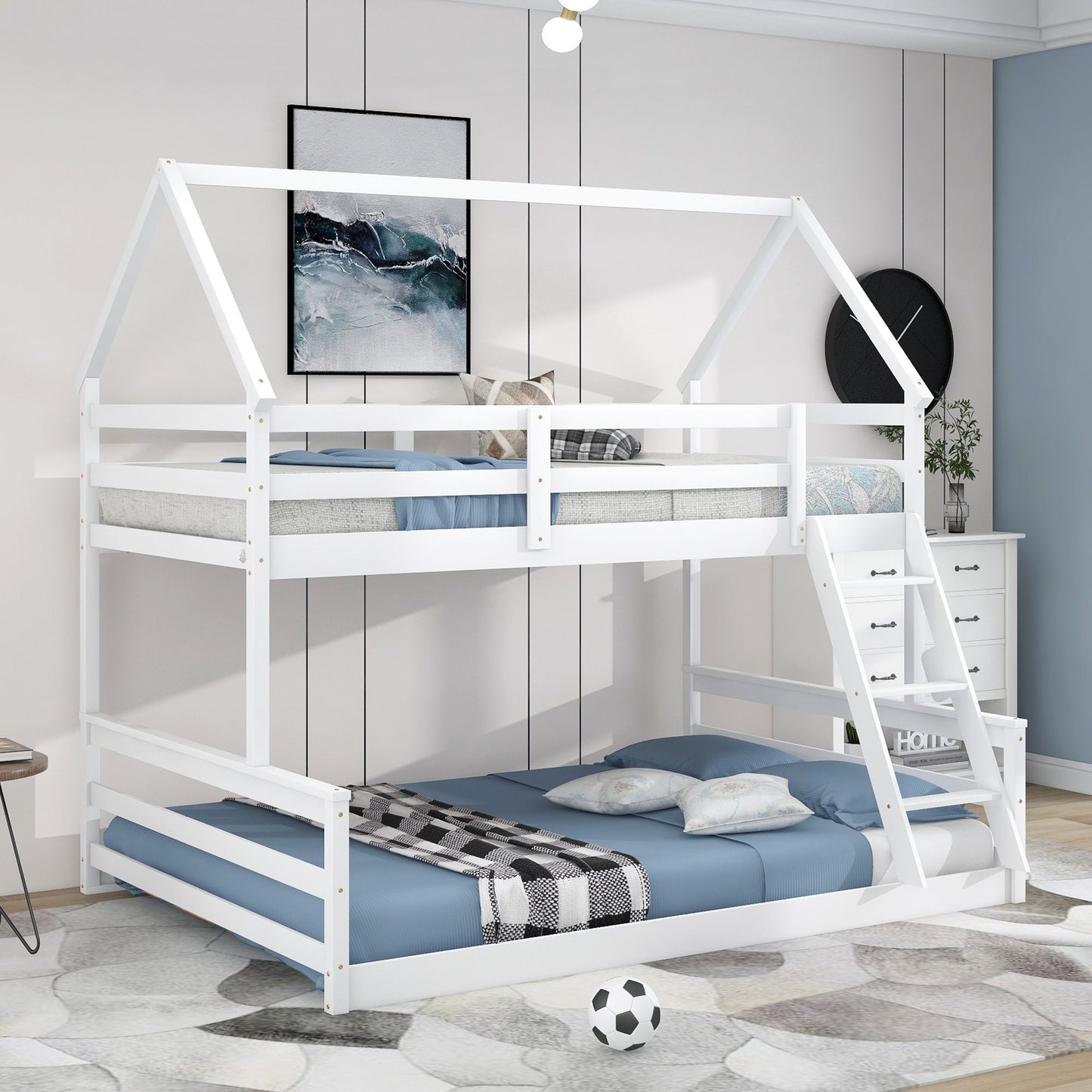 Twin Over Full House Bunk Bed With Built-In Ladder - White