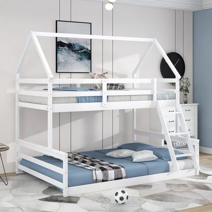 Twin Over Full House Bunk Bed With Built-In Ladder - White