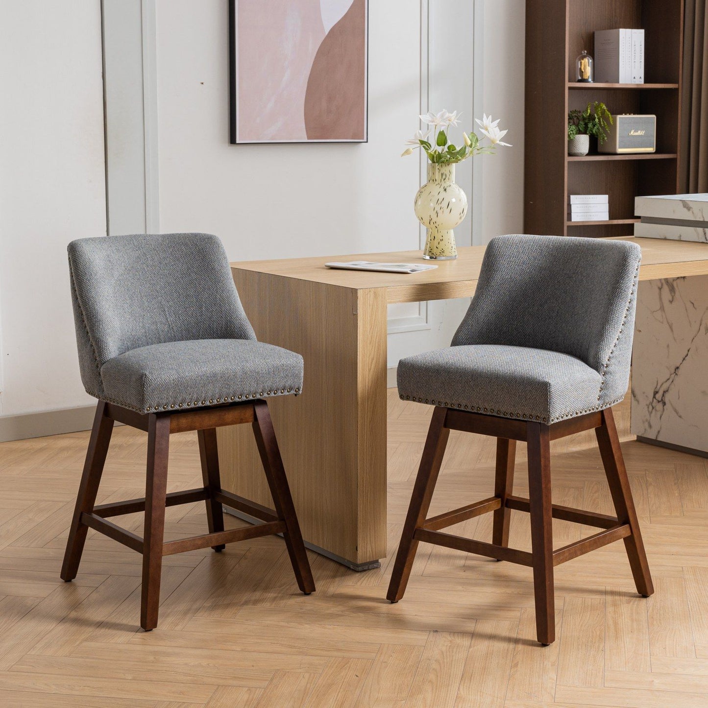 Counter Height Swivel Barstools, 26'' H Seat Height Upholstered Bar Stools (Set of 2), Fabric - Gray