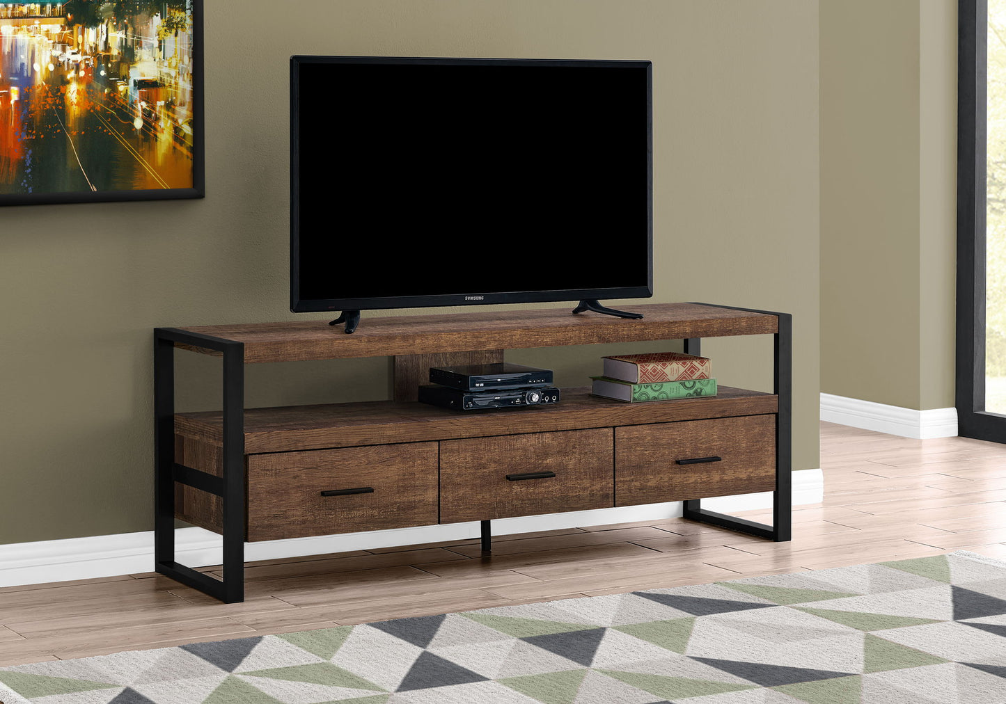TV Stand, Console, Media Entertainment Center, Storage Drawers, Elegant Design - Brown