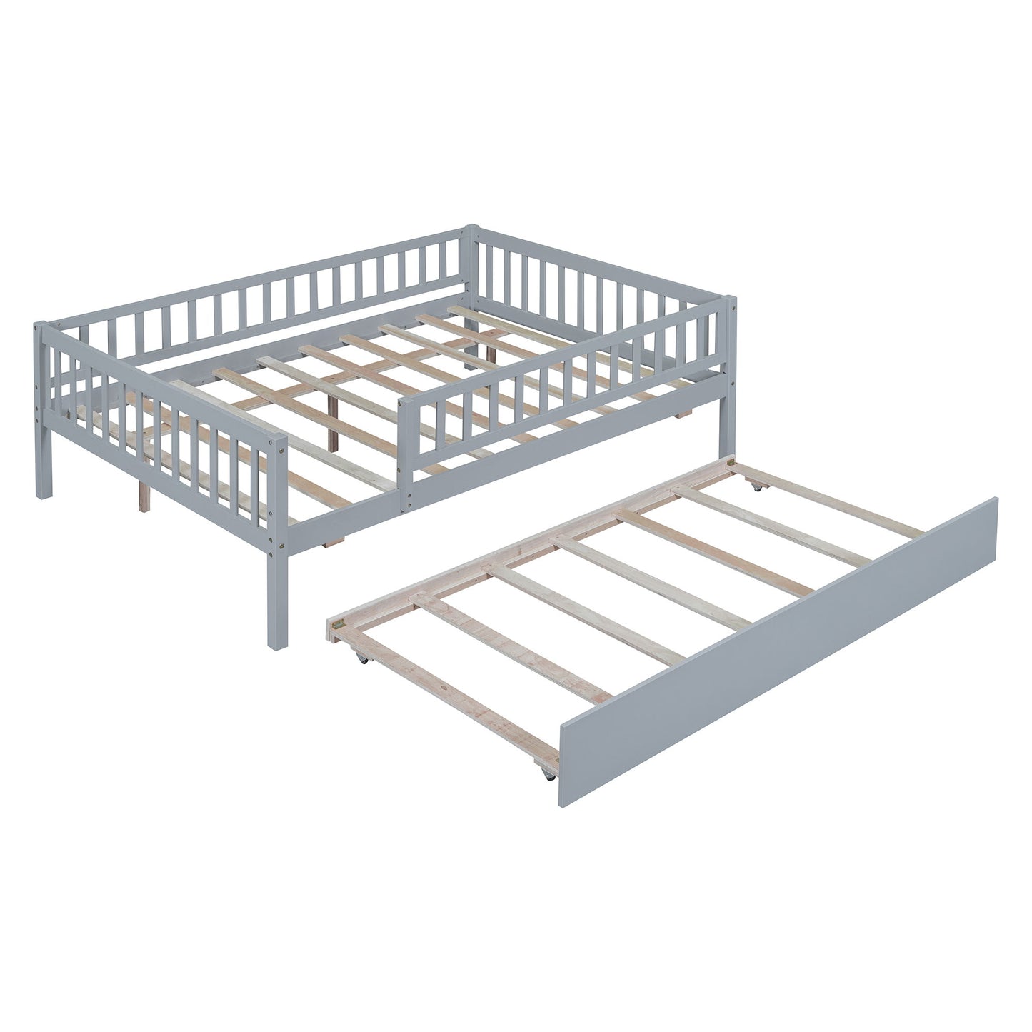 Full Size Daybed With Trundle And Fence Guardrails - Gray