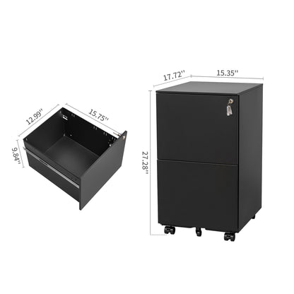 2 Drawer File Cabinet With Lock, Steel Mobile Filing Cabinet On Anti - Tilt Wheels, Rolling Locking Office Cabinets Under Desk For Legal / Letter Size - Black