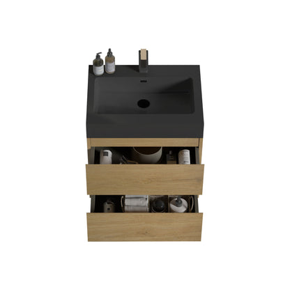 Alice - U090-Alice24W-106 Natural Oak Bathroom Vanity With Sink, Large Storage Wall Mounted Floating Bathroom Vanity For Modern Bathroom, One-Piece Black Sink Basin Without Drain - Light Oak