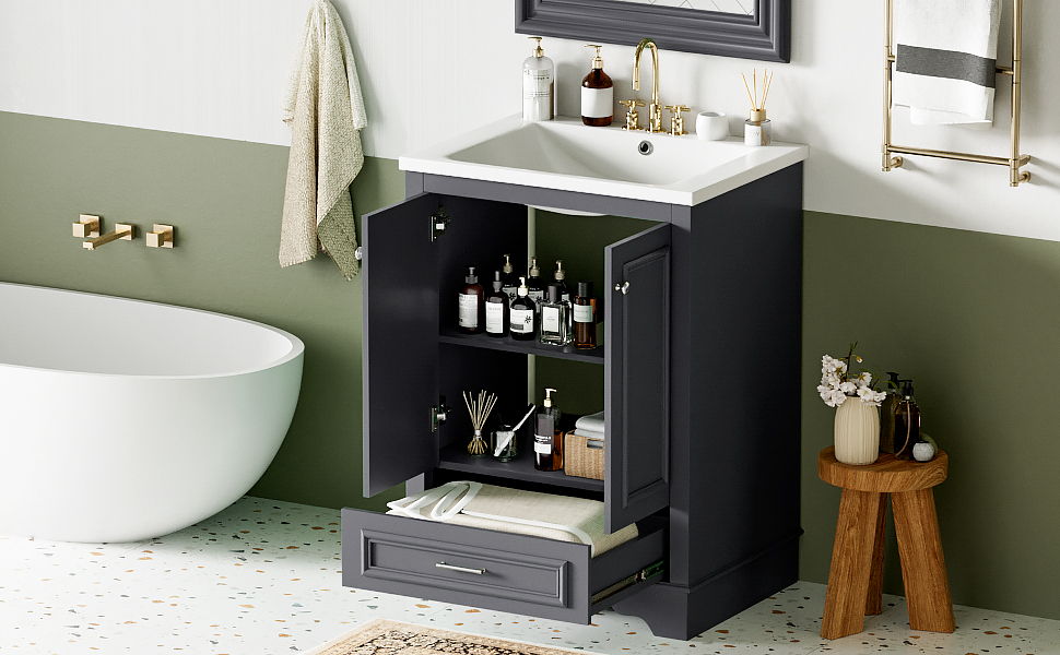 Bathroom Vanity With Ceramic Sink Combo, Modern Freestanding Storage Cabinet With Silver Handles, Soft Closing Doors - Blue Gray