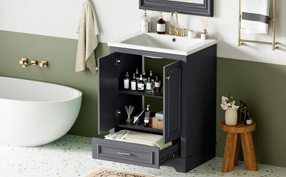 Bathroom Vanity With Ceramic Sink Combo, Modern Freestanding Storage Cabinet With Silver Handles, Soft Closing Doors - Blue Gray