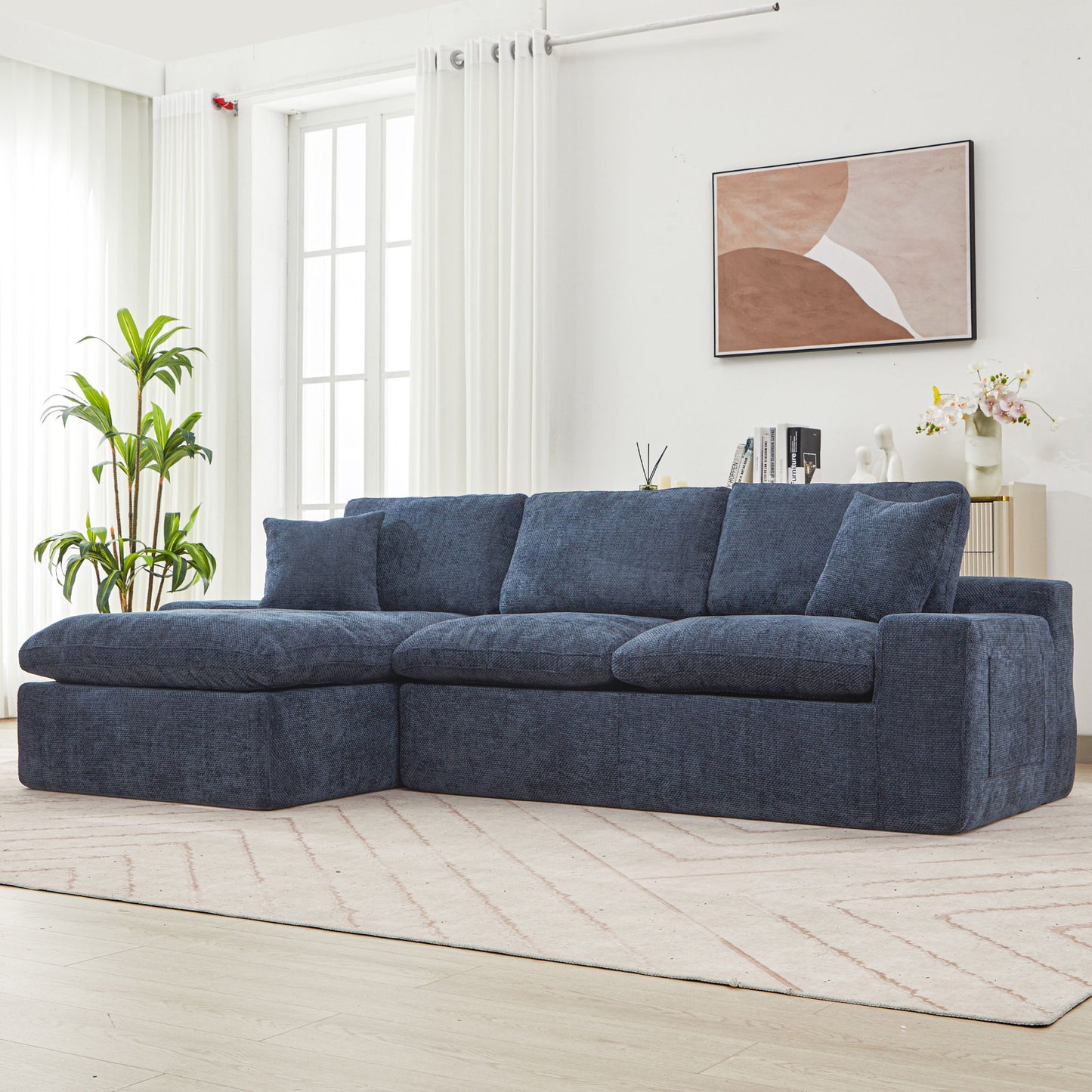 Cloud Sectional Sofa Upholstered Sofa Couch With Double-Layer Cushion And Side Pockets - Blue