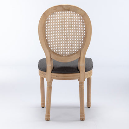 French Style Solid Wood Frame Antique Painting Linen Fabric Rattan Back Dining Chair (Set of 2) - Gray