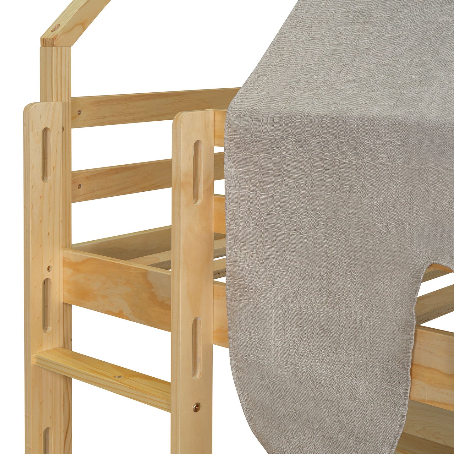 Twin Size Loft Bed With House Shaped Frame And Tent - Natural / Beige
