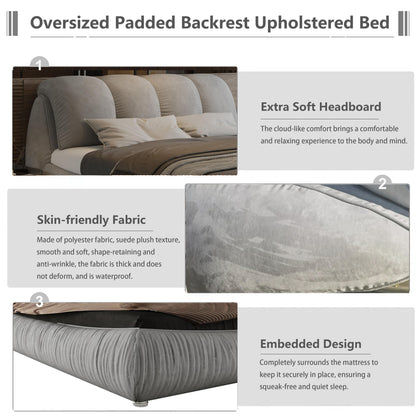 King Size Luxury Upholstered Platform Bed With Oversized Padded Backrest And Solid Wood Frame, Suitable For Multiple Heights Of Mattresses - Beige