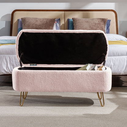 Storage Ottoman Bench For End Of Bed Gold Legs, Modern Gray Faux Fur Entryway Bench Upholstered Padded With Storage For Living Room Bedroom - Pink