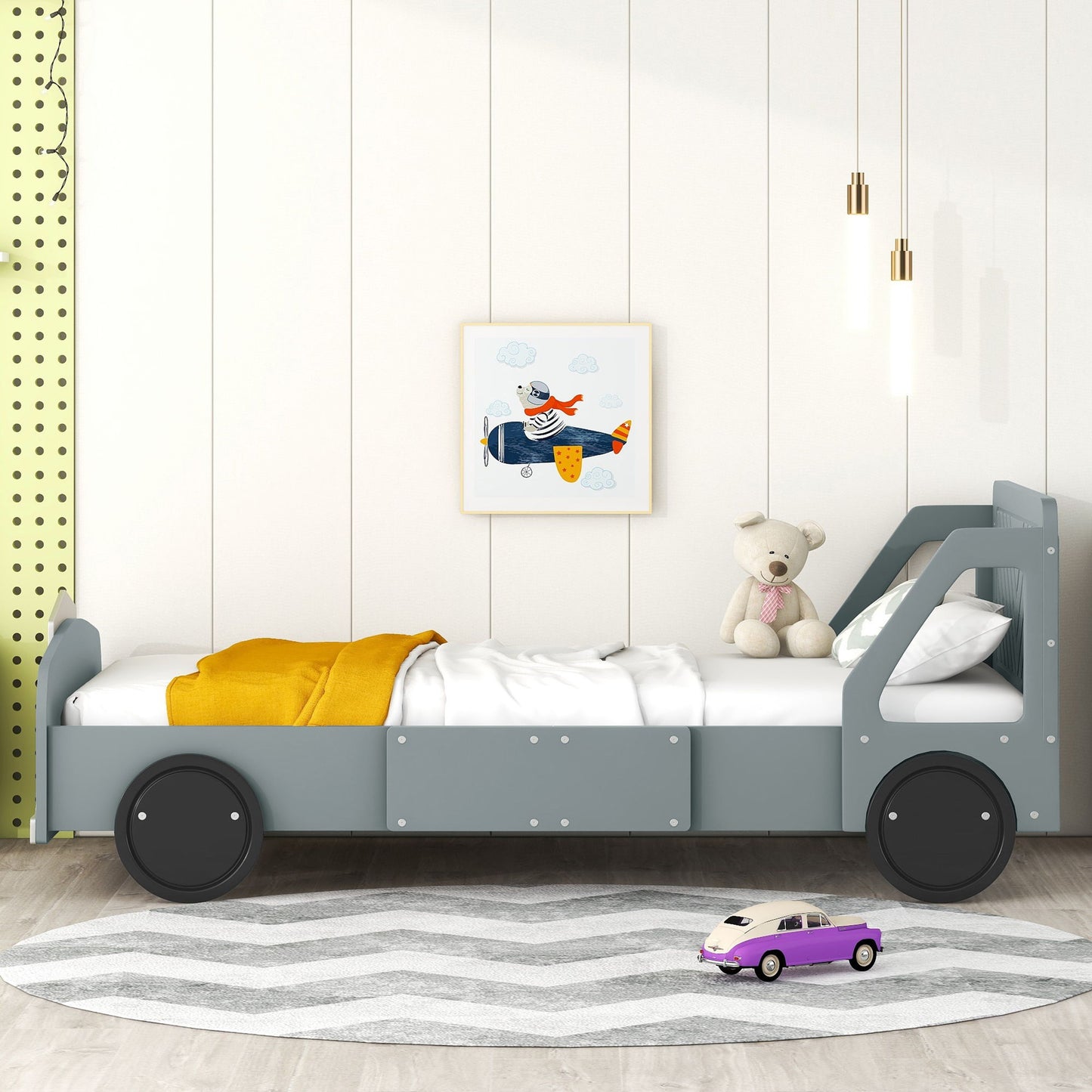Twin Size Car Shaped Platform Bed With Wheels - Gray