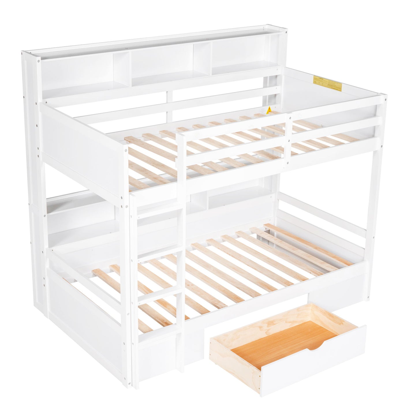 Twin Size Bunk Bed With Built-In Shelves Beside Both Upper And Down Bed And Storage Drawer - White