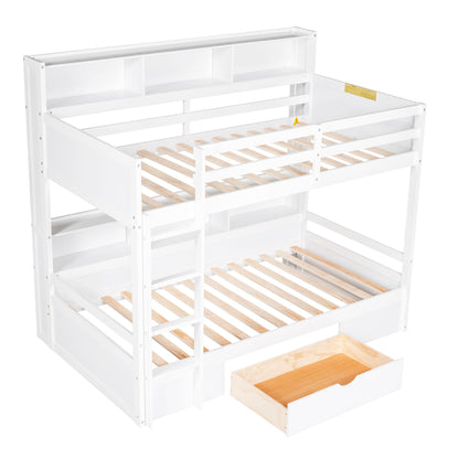 Twin Size Bunk Bed With Built-In Shelves Beside Both Upper And Down Bed And Storage Drawer - White