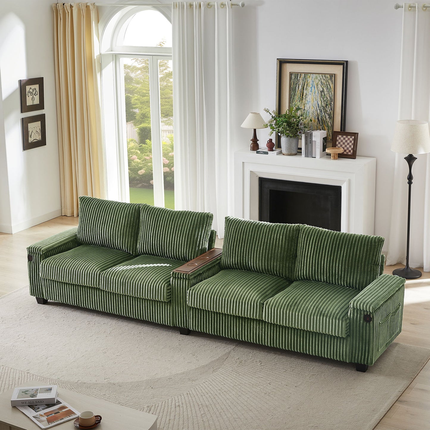Modern 4 Seater Corduroy Sofa With USB Ports, Hidden Storage Arms, Flip Top Cup Holders - Green