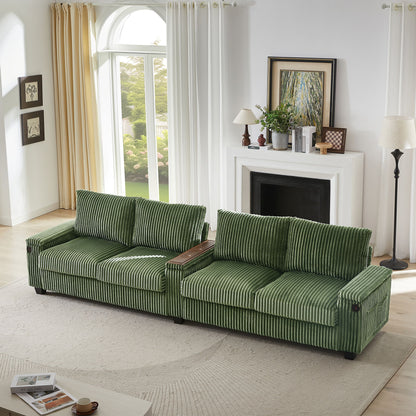 Modern 4 Seater Corduroy Sofa With USB Ports, Hidden Storage Arms, Flip Top Cup Holders - Green