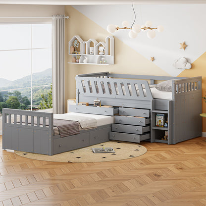 Twin Loft And Platform Bed With 7 Drawers And Full Guardrails, Modern L Shaped Space Saving - Gray