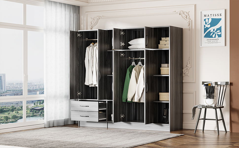 6 Door Wardrobe With Shelves And Drawers - Gray