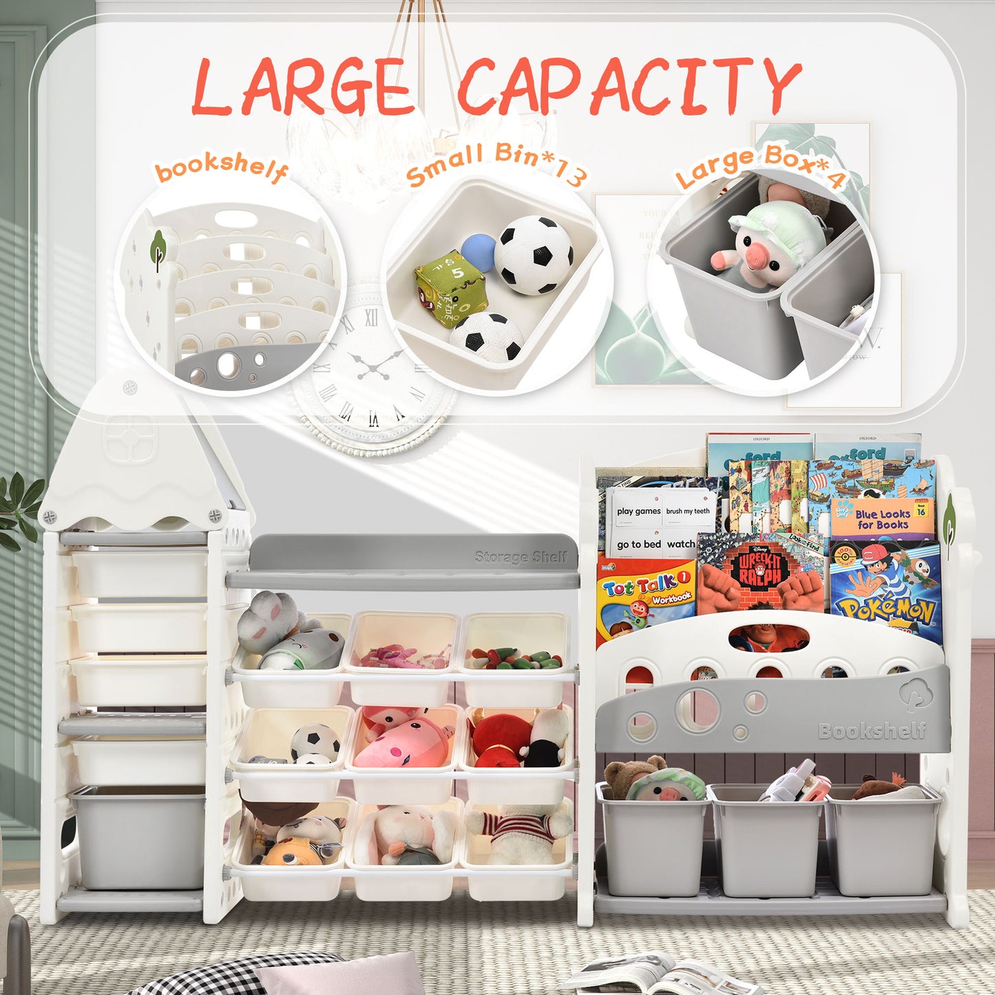 Kids Bookshelf Toy Storage Organizer With 17 Bins And 5 Bookshelves, Multi-Functional Nursery Organizer Kids Furniture Set Toy Storage Cabinet Unit With HDPE SheLF And Bins - Gray