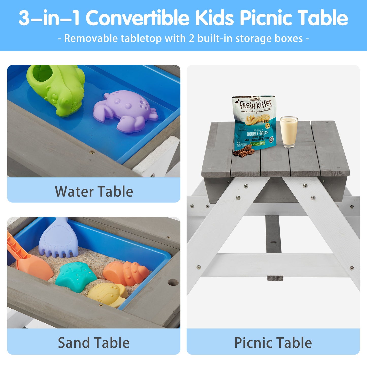 3-In-1 Kids Outdoor Wooden Picnic Table With Umbrella, Convertible Sand & Water, ASTM & CPSIA Certification - Gray