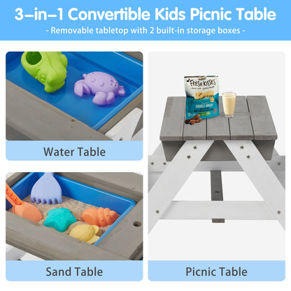 3-In-1 Kids Outdoor Wooden Picnic Table With Umbrella, Convertible Sand & Water, ASTM & CPSIA Certification - Gray