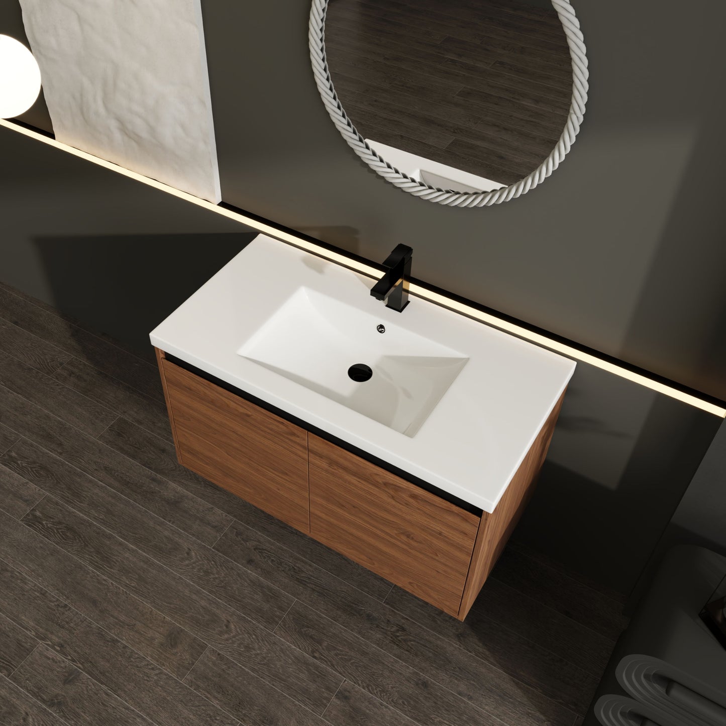 36" Bathroom Vanity Set With Resin Countertop Sink And 2 Doors - Brown