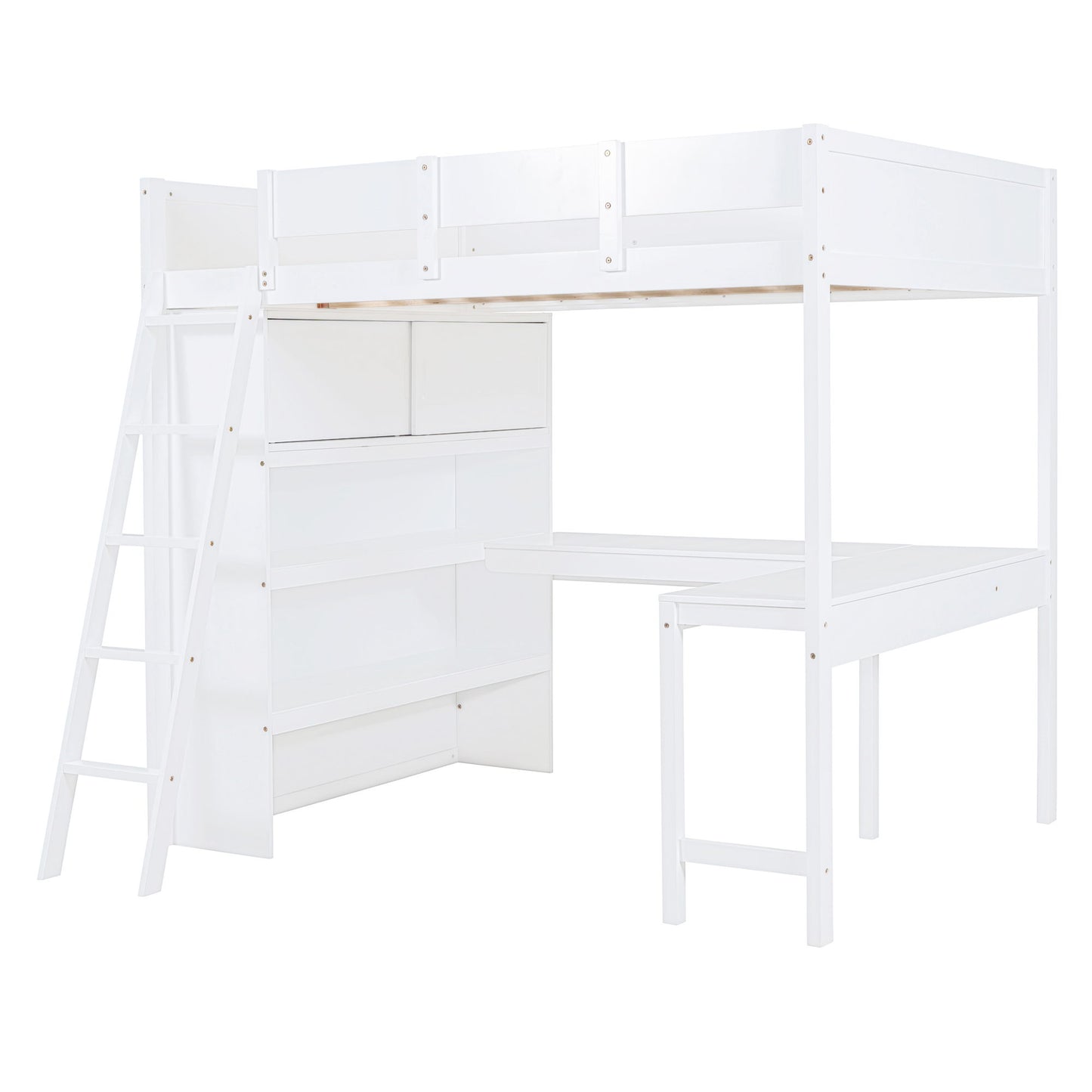 Full Size Loft Bed With Desk And Storage Shelves - White