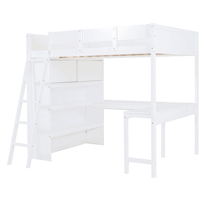 Full Size Loft Bed With Desk And Storage Shelves - White