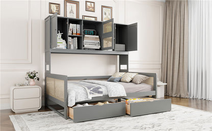 Full Size Wooden Daybed With 2 Drawers, And All In One Cabinet And Shelf - Gray