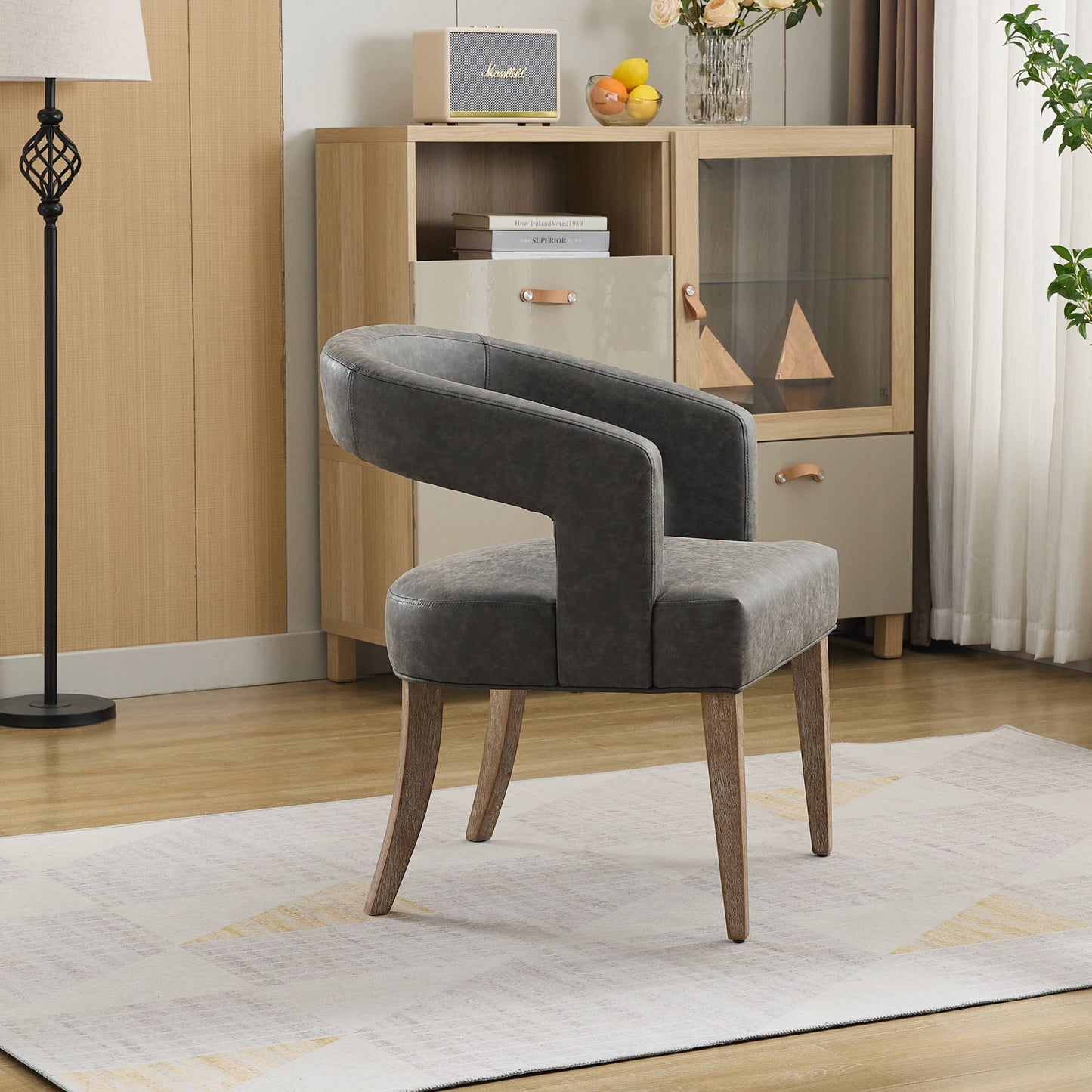 Wide Modern Barrel Open Back Upholstered Accent Chair With Weathered Solid Wood Legs Dining Chairs For Dining Room, Club, Kitchen And Living Room - Gray
