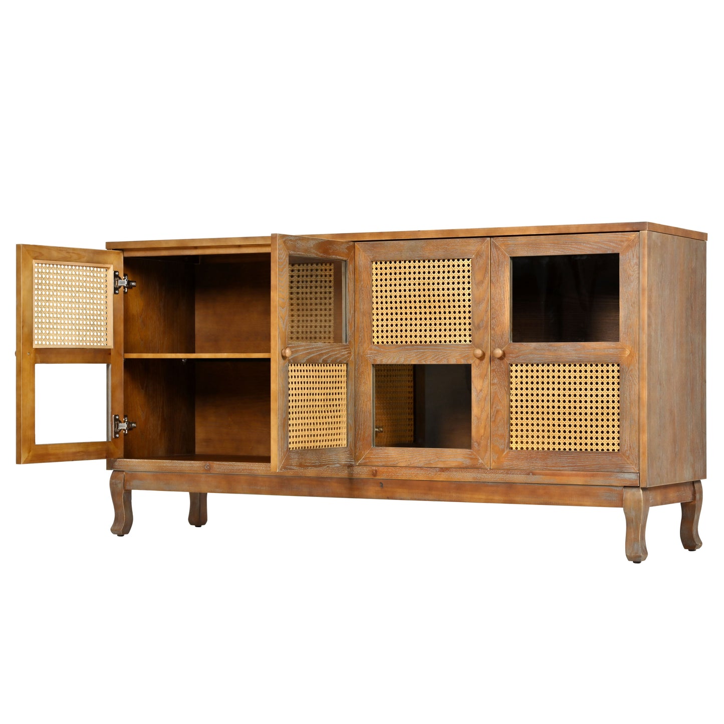 Retro 4 Door Sideboard With Large Storage Space, Artificial Rattan Doors - Transparent Glass - Antique Brown