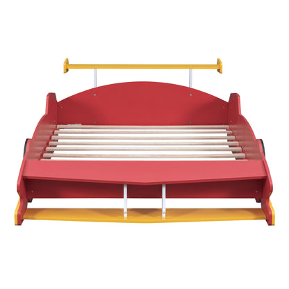 Full Size Race Car Shaped Platform Bed With Wheels - Red